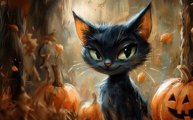 Halloween black cartoon style cat, pumplin, bats