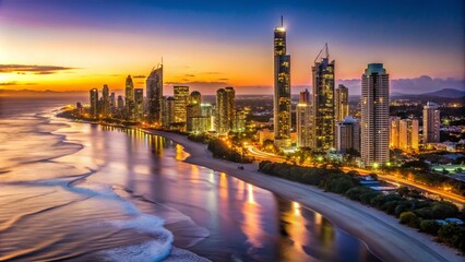 Obraz premium Stunning Gold Coast Australia Skyline at Dusk with Glittering City Lights and Scenic Ocean Views