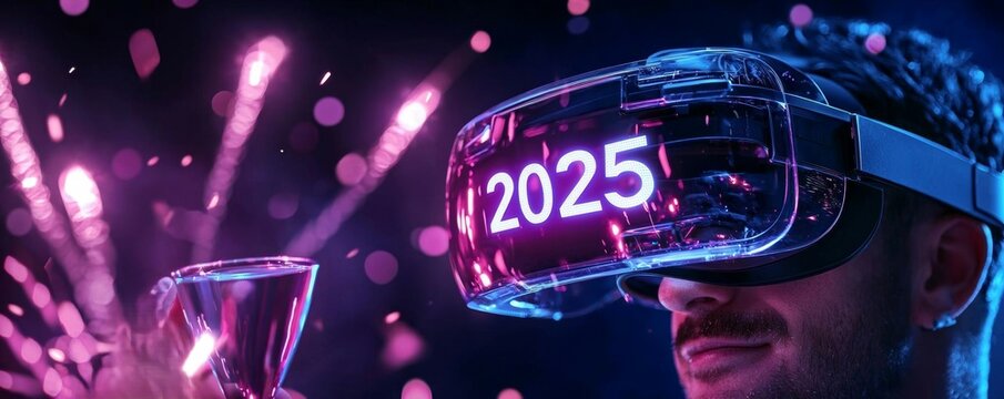 A New Year s Eve celebration with guests wearing AR glasses, with "2025" displayed as a hologram above the event