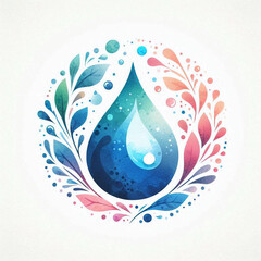 Water drop droplet with colorful leaf surround icon square