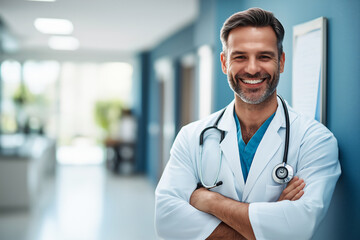 Smiling doctor in bright hospital lobby