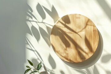 Raw photo of wooden circle product display with subtle leaves shadow