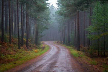 Foggy forest road surrounded by pine trees, eerie and atmospheric
