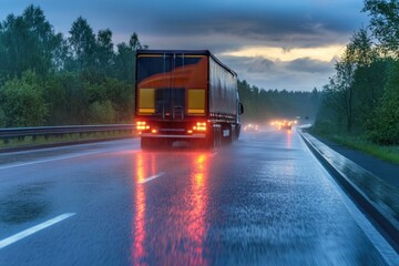 Obraz premium A transport truck speeding down a rain-soaked road at dusk, with motion blur highlighting its speed and the challenges of driving in adverse weather