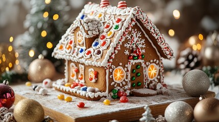 Decorated Gingerbread House with Candy and Lights