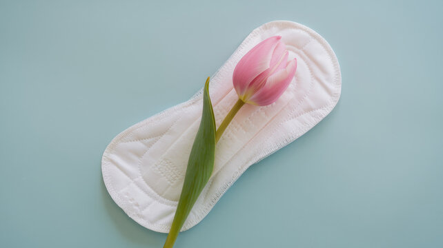 A white pad is on a blue surface with a pink flower on top of it. The pad is a tampon