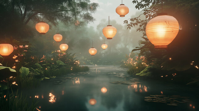 A fantasy garden lit by glowing floating lanterns casting photorealistic shadows on hyper-detailed plants, with ultra-realistic lighting effects in the misty air