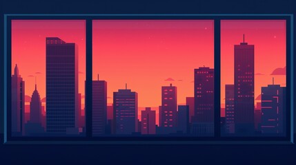 Urban Scene through Window: Look out the room window at a cityscape with intricate buildings. The modern city's allure is visible, both in daylight and illuminated at night. High resolution