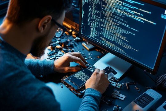 Digital forensics expert analyzing a hard drive, with detailed computer parts scattered on the table and code displayed on a screen