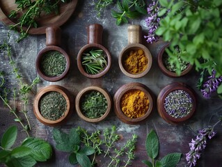 Dried Herbs and Spices in Wooden Bowls: A Culinary Delight