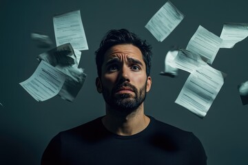 A portrait of a man with visible worry on his face, surrounded by polished invoices against a solid grey backdrop. The anxiety is highlighted by professional color grading in a 16k resolution