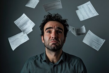 A portrait of a man with visible worry on his face, surrounded by polished invoices against a solid grey backdrop. The anxiety is highlighted by professional color grading in a 16k resolution