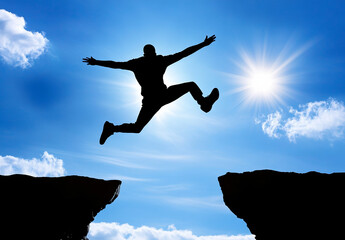 Silhouette of a man jumping over a chasm with a sun and blue sky, symbolizing success and overcoming challenges, wide-angle, ultra-realistic 3D concept.