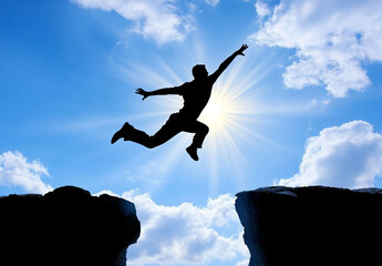 Silhouette of a man jumping over a chasm with a sun and blue sky, symbolizing success and overcoming challenges, wide-angle, ultra-realistic 3D concept.