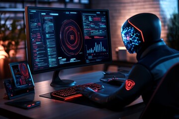 Futuristic digital forensics lab, where AI-driven software analyzes vast amounts of data in holographic displays, helping investigators uncover cybercrimes