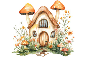 Watercolor Mushroom House, Mushroom House Vector, Editable Watercolor Art, Fantasy House Art, Fairy Tale Illustration, Mushroom Cottage, Whimsical Watercolor, Vector Watercolor Painting, Hand Painted 