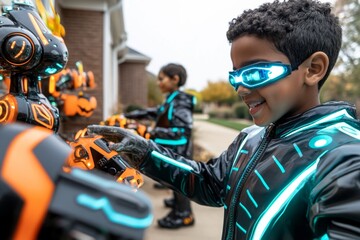 Futuristic trick-or-treaters, dressed in high-tech, glowing costumes, visiting houses with robotic decorations and candy dispensers