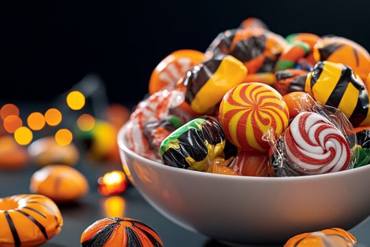 Halloween candy overflowing from a bowl, showing every detail of the wrappers, textures of the candy, and reflections of Halloween lights