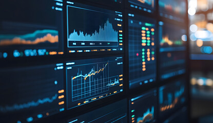 Fototapeta premium Stock Market Trading Setup with Multiple Monitors in Modern Office Design