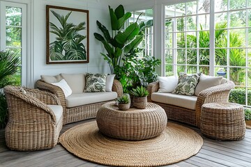 Cozy sunroom with rattan furniture and plants.