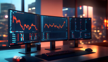 Stock Market Trading Setup with Multiple Monitors in Modern Office Design