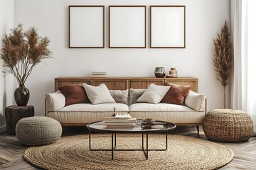 Cozy living room with neutral tones and natural elements.