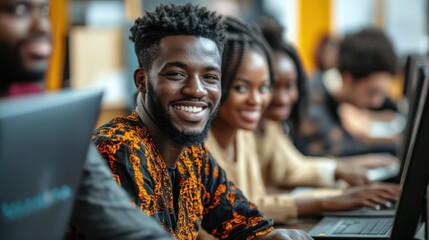 Smiling Black Man in a Computer Lab