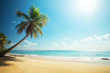 Obraz premium Sunny beach with palm trees under clear blue sky, calm waters and sandy shore, capturing the beauty of summer in an exotic tropical location with a lone coconut tree swaying in the breeze.