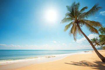 Sunny beach with palm trees under clear blue sky, calm waters and sandy shore, capturing the beauty of summer in an exotic tropical location with a lone coconut tree swaying in the breeze.