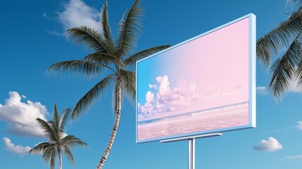Naklejka premium A billboard at a waterfront area displaying a 'Summer Splash Sale' with beach-themed graphics and attractive discounts