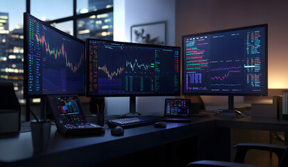 Naklejka premium Stock Market Trading Setup with Multiple Monitors in Modern Office Design
