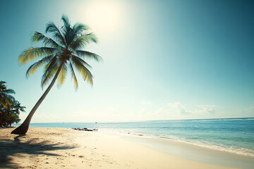 Obraz premium Sunny beach with palm trees under clear blue sky, calm waters and sandy shore, capturing the beauty of summer in an exotic tropical location with a lone coconut tree swaying in the breeze.