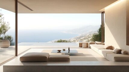 Modern minimalist living area with ocean view.