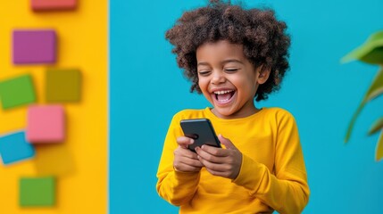 Happy Kid Using Smartphone  Smiling  Playing Games  Blue and Yellow Background
