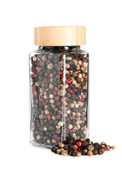 Peppercorns in glass jar isolated on white