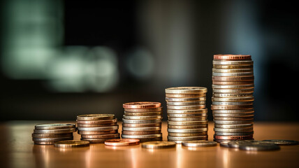 Stacks of coins arranged in increasing height, symbolizing financial growth, investment, and savings, with a blurred background emphasizing the focus on money management.