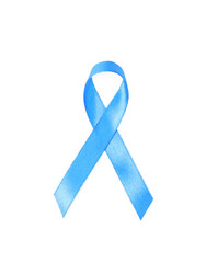 Blue ribbon isolated on white, top view. Prostate cancer awareness