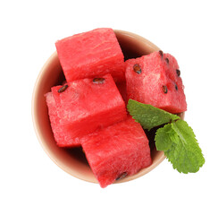 Pieces of tasty watermelon and mint in bowl isolated on white, top view