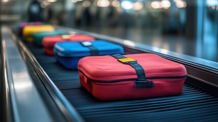 A row of luggage is on a conveyor belt