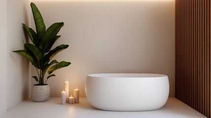 Minimalist Bathroom Interior Design with Bathtub  Plant  and Candles