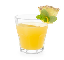 Glass with pineapple juice and piece of fresh fruit isolated on white