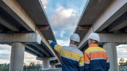 Two men are standing on a bridge, one pointing to the sky. They are wearing hard hats
