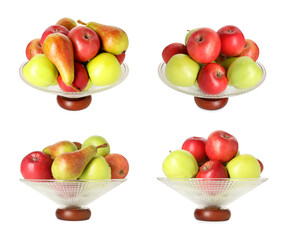 Glass fruit bowl with fresh apples and pears isolated on white, collage