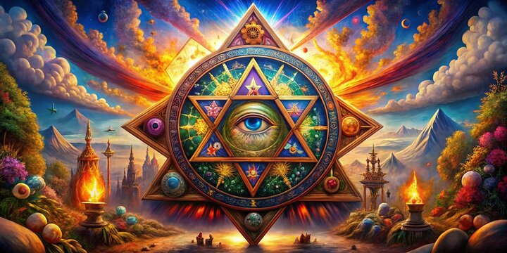 Symbolic representation of Thelema religion with mystical elements and esoteric imagery in harmony