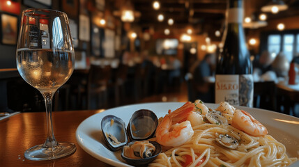 Obraz premium Flavorful Seafood Pasta: A Colorful Mix of Shrimp, Clams, and Calamari Tossed in Garlic and White Wine Sauce