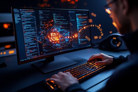 A digital forensic wizard using glowing spells to uncover hidden data from a magical computer screen, with cyber spells floating in the air