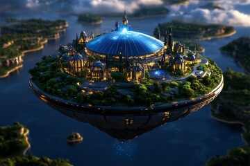 A floating solar island in a magical world, absorbing energy from both the sun and the stars to power a futuristic fantasy city