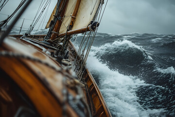 Wooden Sailing Ship Battling Stormy Seas.