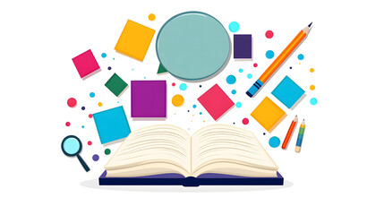 Creative Education Background with Open Book, Pencils, and Speech Bubble design