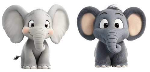 Naklejka premium Cute Cartoon Elephants with Big Ears and Smiling Faces, isolated on transparent background.